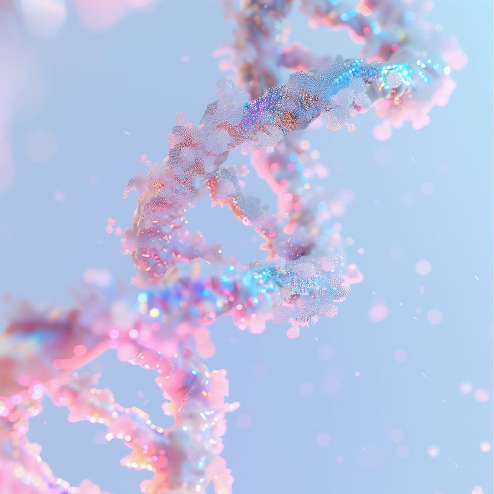 A glittering DNA double helix made of shimmering particles in soft pastel shades of pink, blue, and purple.
