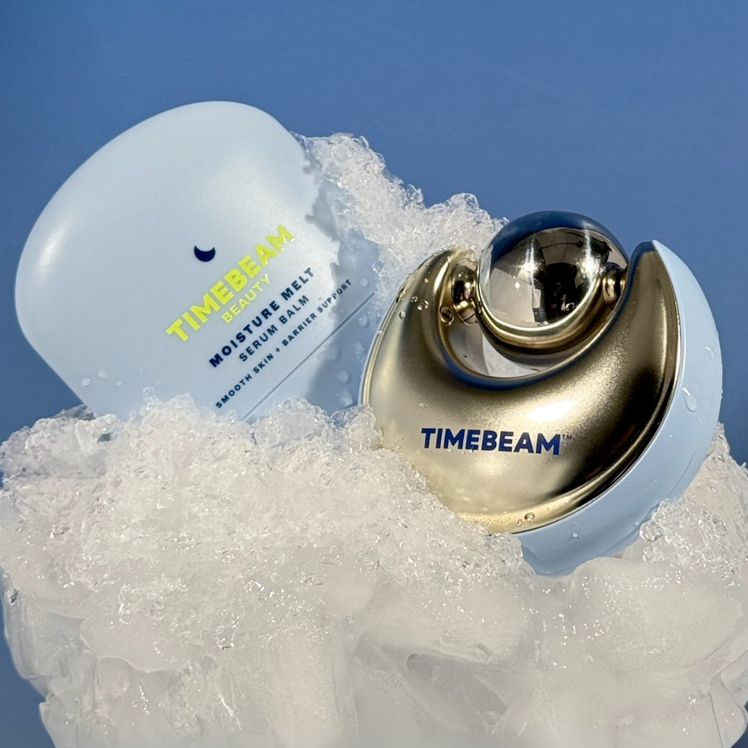 TIMEBEAM skincare product and cryoroller on a blue background in ice