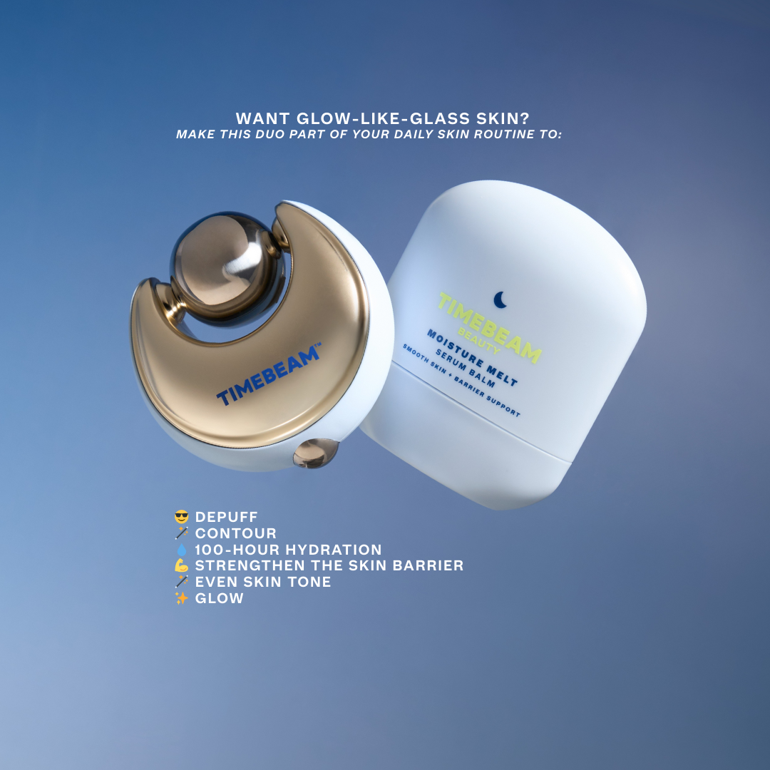 Two skincare products, 'TIMEBEAM Ice Baby' and 'MOISTURE MELT', on a gradient blue background with promotional text depuff, contour, 100 hydration, strengthen skin barrier, even skin tone, glow
