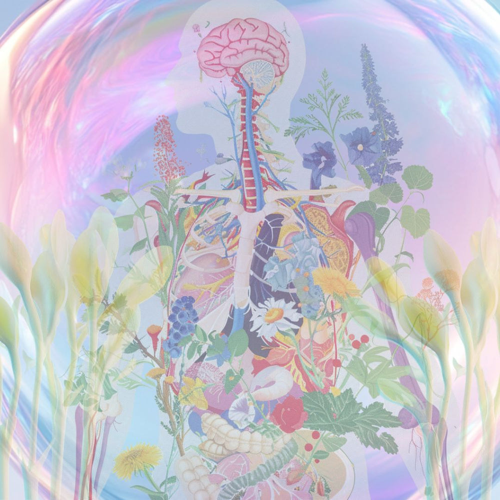 An artistic illustration blending human anatomy with colorful botanical elements.
