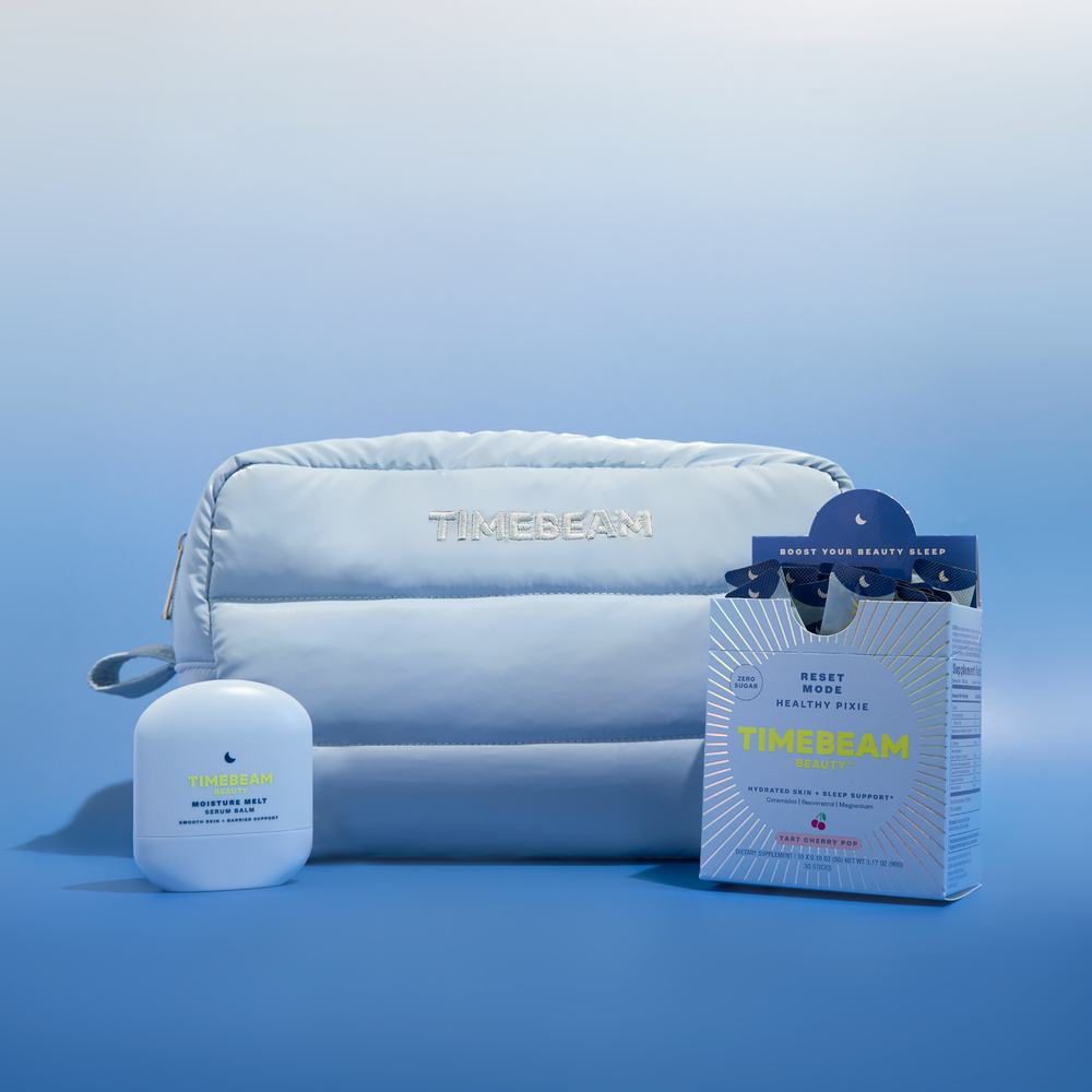 Timebeam skincare products including a pouch, serum balm, and sleep supplements