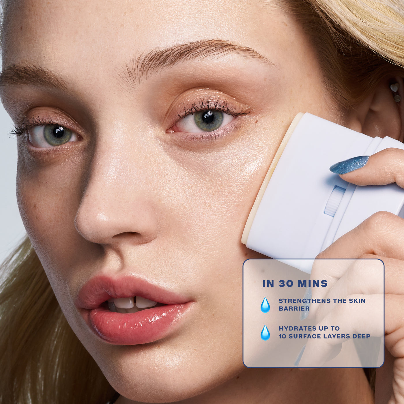 A woman applying TIMEBEAM Skinbeam Milky Serum to her cheek, with the text "In 30 mins, strengthens the skin barrier, hydrates up to 10 surface layers deep".