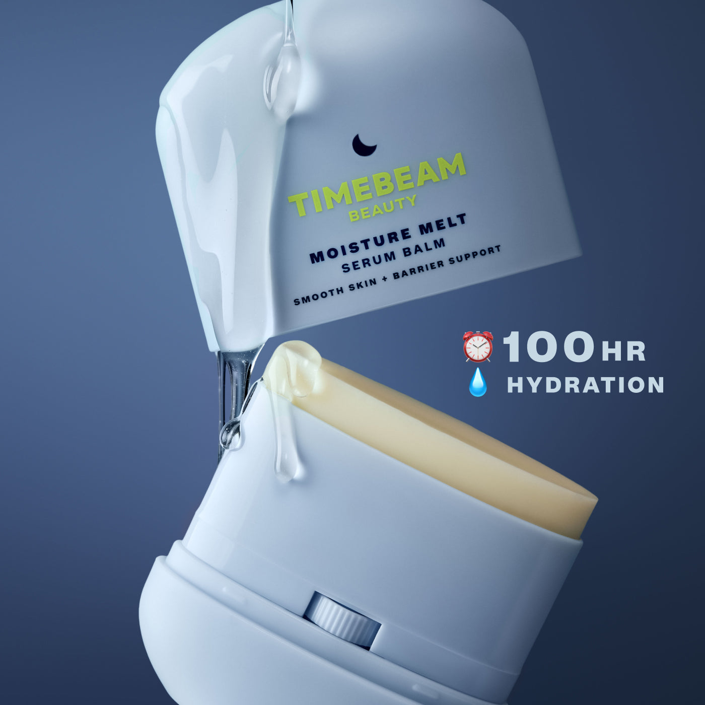 Close-up of an open TIMEBEAM Moisture Melt Serum Balm with the text "100-hour hydration".