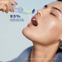 A woman tilting the contents of an open pouch of TIMEBEAM supplements into her mouth, with the text "93% agreed skin tone looked more even".