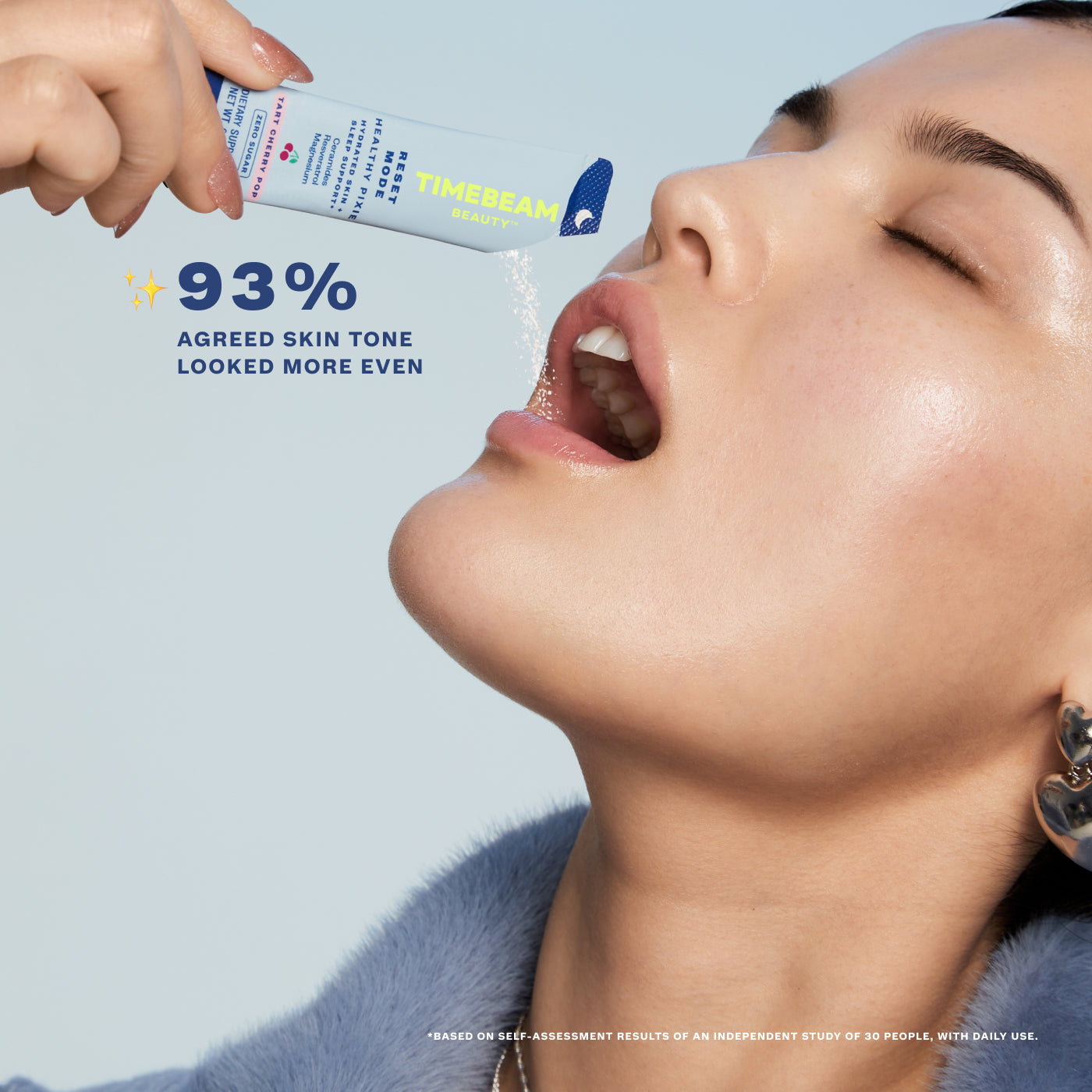 A woman tilting the contents of an open pouch of TIMEBEAM supplements into her mouth, with the text "93% agreed skin tone looked more even".