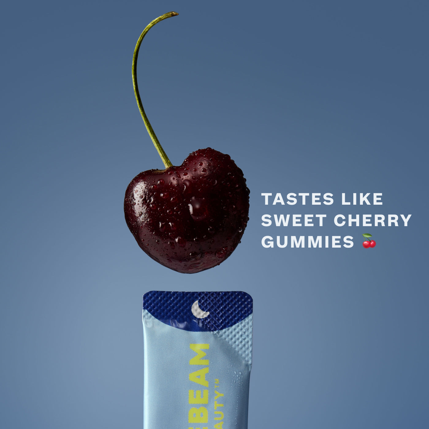 Close-up of a cherry above a TIMEBEAM supplement pouch with the text “Tastes like sweet cherry gummies”.