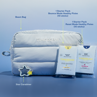 Timebeam product set with pouch, supplement packets, and star carabiner on a blue background