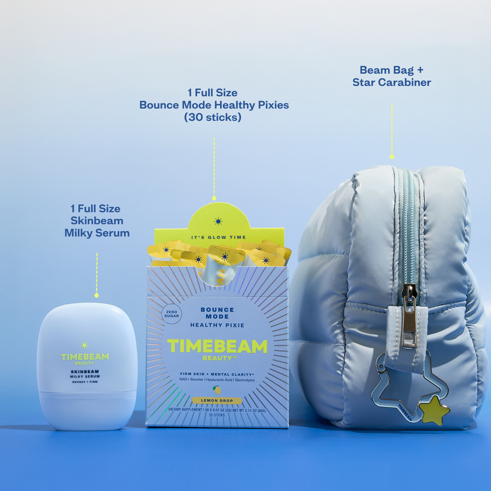 Timebeam beauty product set with serum, supplements, and Beam Bag on a blue background