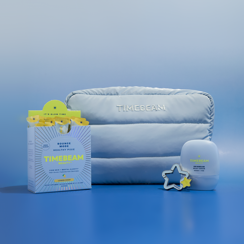 Blue bag, morning supplement, star carabiner, and serum