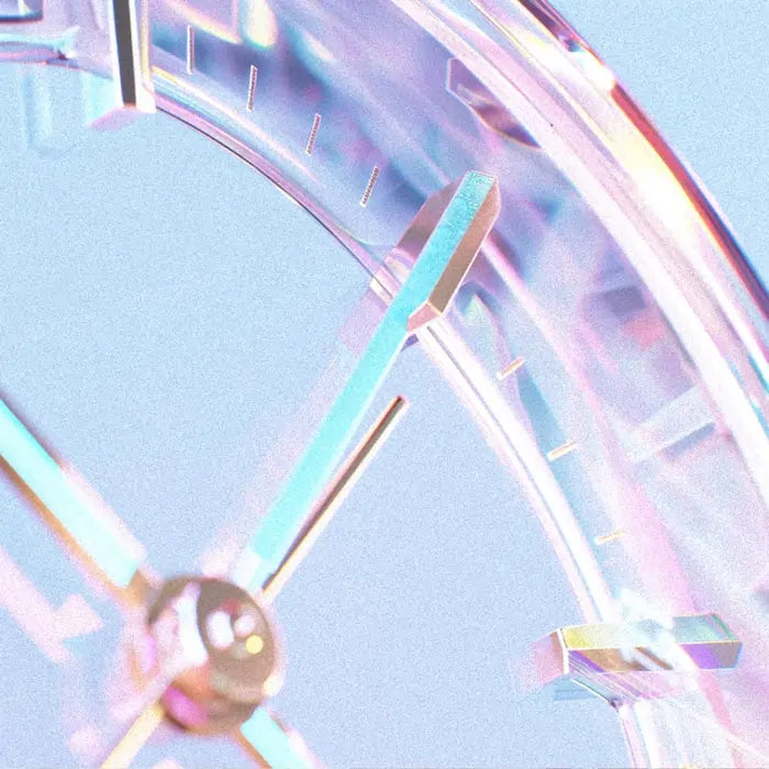 Close-up of a translucent, iridescent clock face with pastel reflections on its glassy surface.