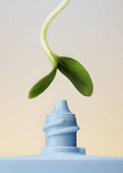 Close-up of a sprouting green hovering above the nozzle of a blue TIMEBEAM Beauty serum bottle.
