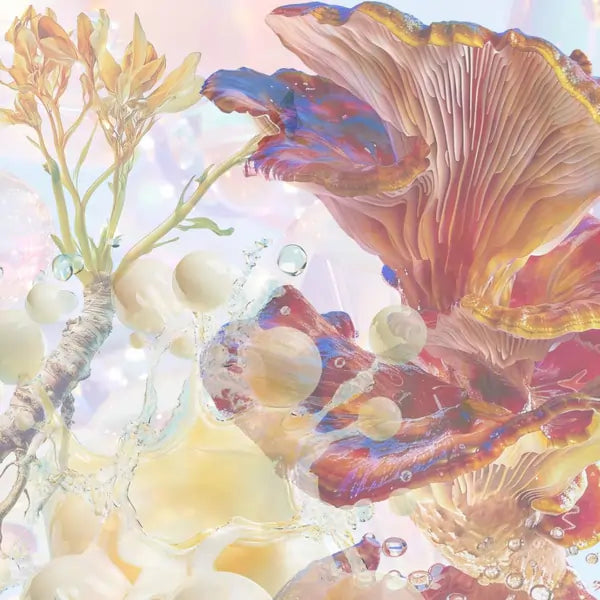 A surreal composition featuring a multicolored mushroom, botanical elements like roots and plants.