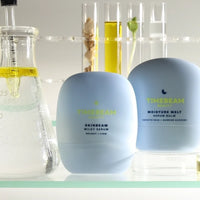 Two TIMEBEAM skincare products displayed beside lab beakers and test tubes filled with natural ingredients.