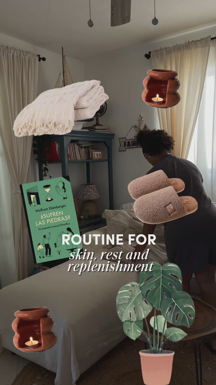 Video of a woman settling in for the night, taking TIMEBEAM supplements to unwind and relax.