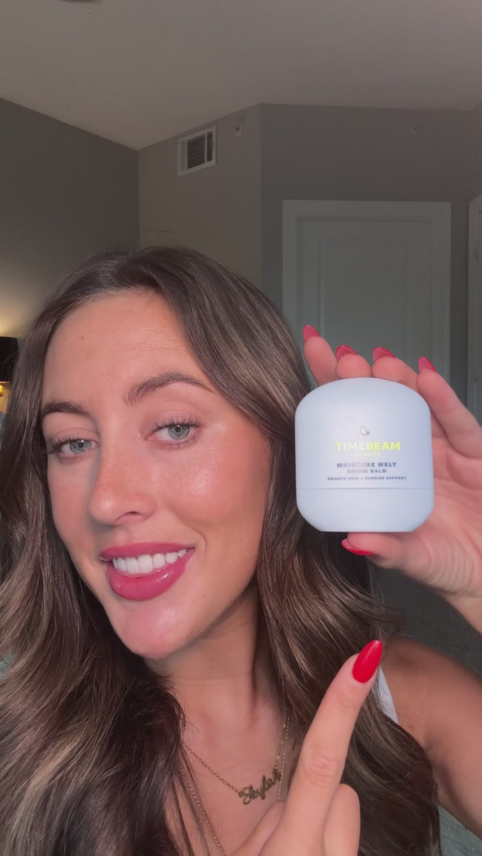Video of a woman reviewing TIMEBEAM Moisture Melt Balm.