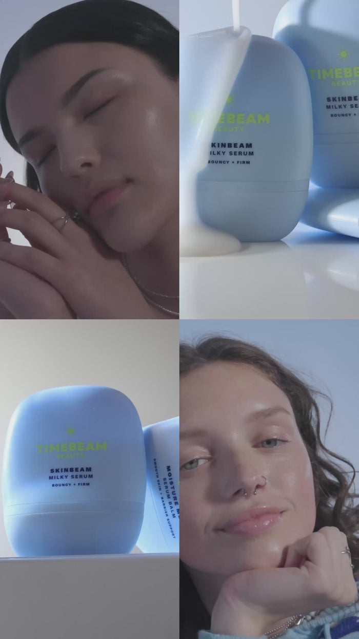 Video of two women applying TIMEBEAM Milky Serum.