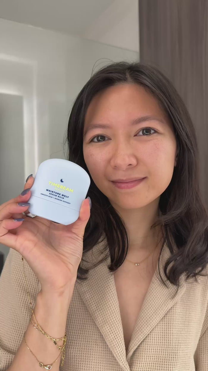 Video of a woman reviewing TIMEBEAM Moisture Melt Balm.