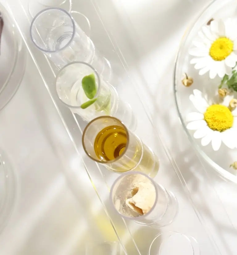 Four test tubes filled with natural ingredients, next to a bowl filled with chamomile flowers.
