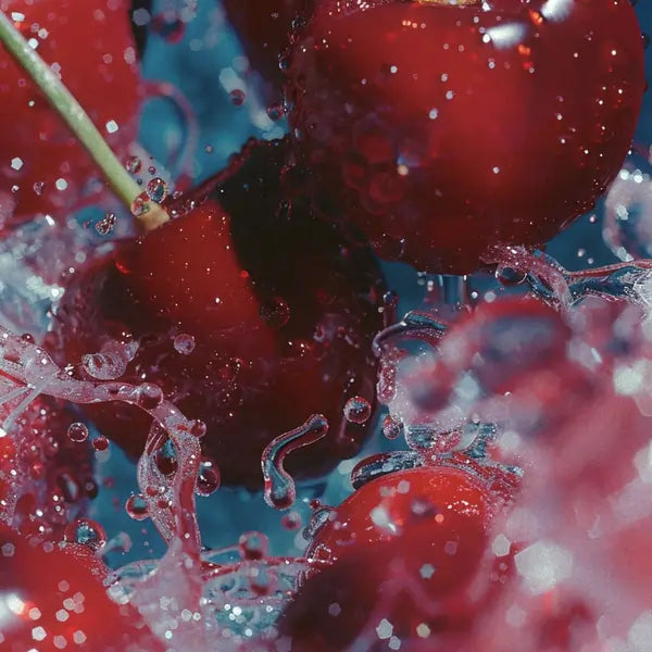 Close-up of cherries splashing in water with a blue background