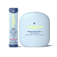 A bottle of TIMEBEAM Moisture Melt serum balm next to a pouch of Reset Mode supplements.