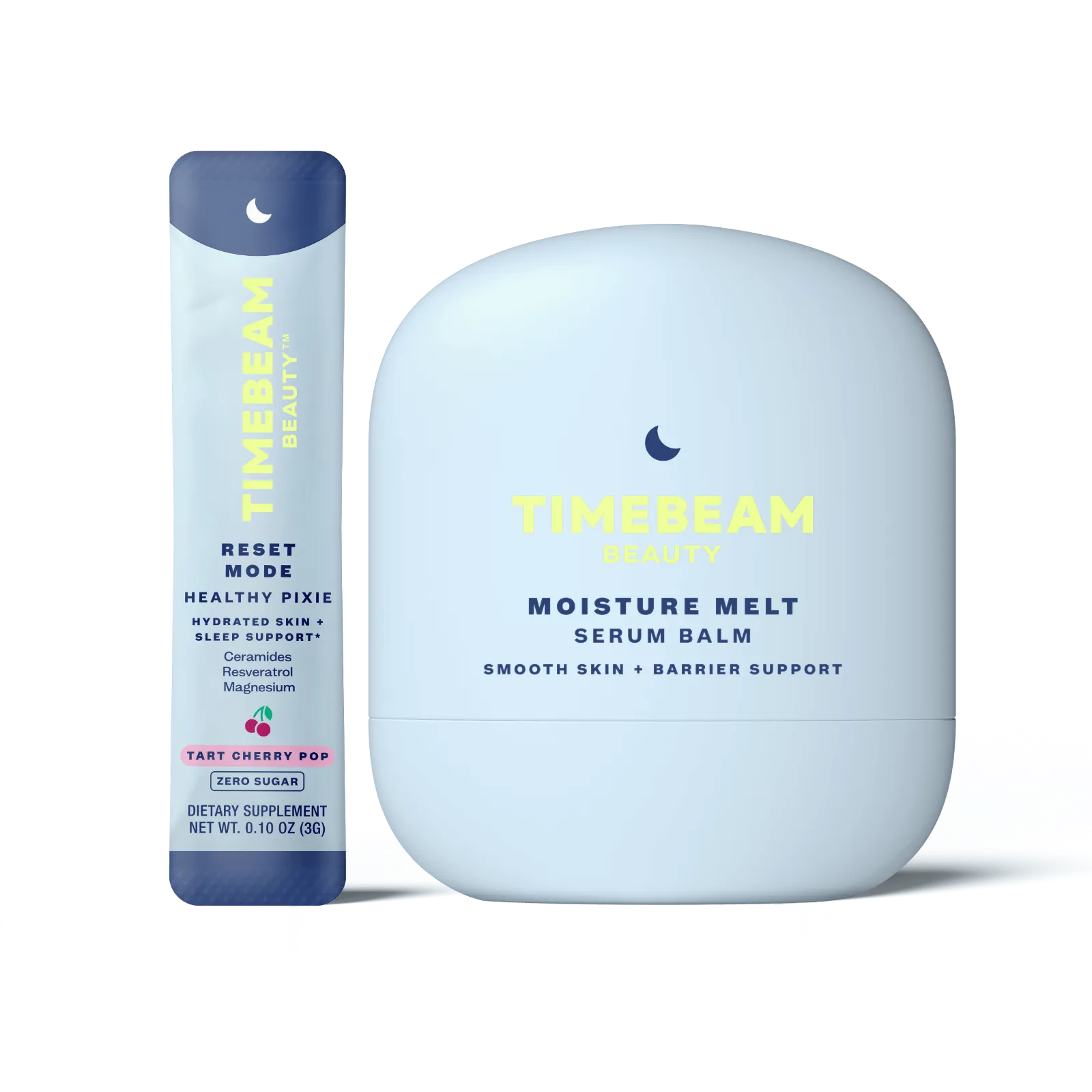 A bottle of TIMEBEAM Moisture Melt serum balm next to a pouch of Reset Mode supplements.
